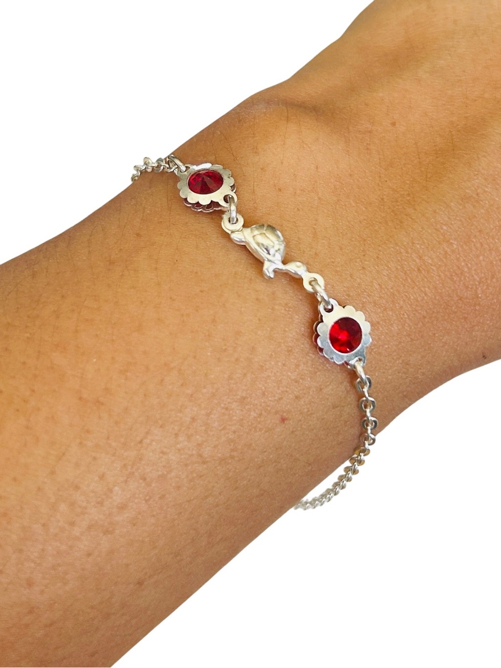 New Taxco Mexico .925 Sterling Silver Sea Turtle Red Crystal Bracelet 20cm